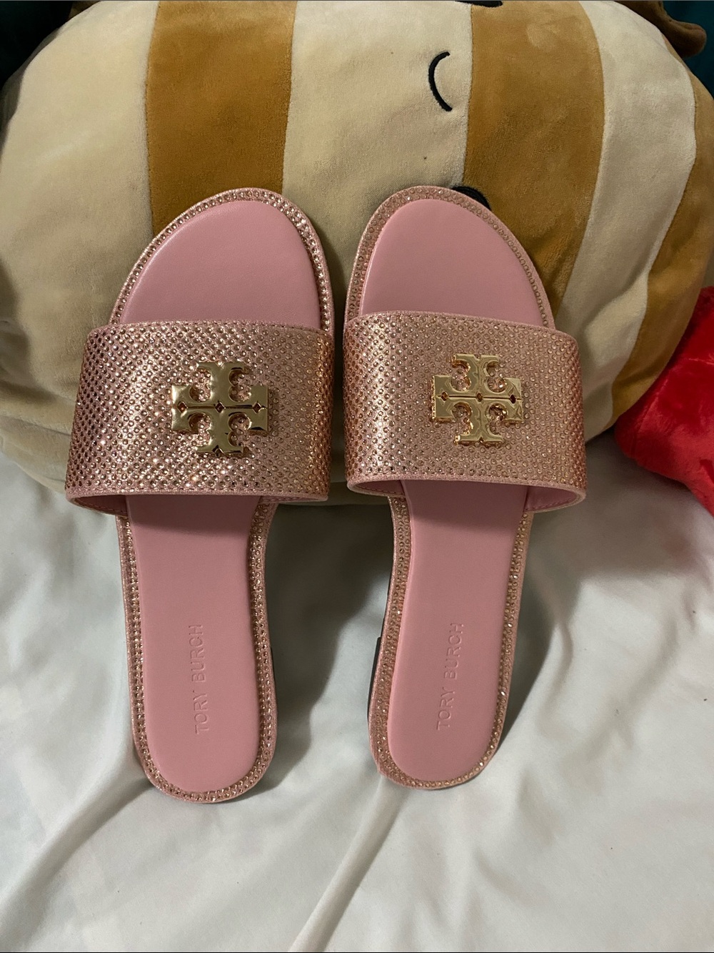 Tory Burch Rose Gold Metallic Logo Slide Sandals